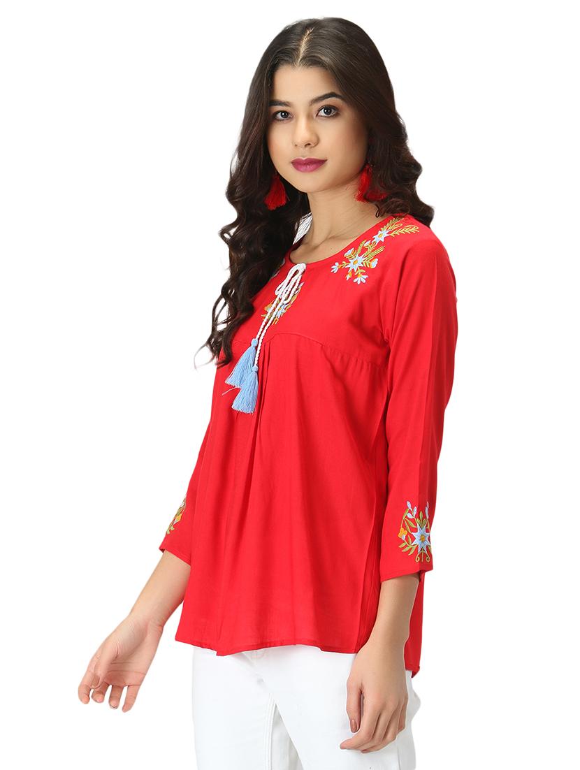 tie up neck floral embroidered top - 17582171 - Standard Image - 1