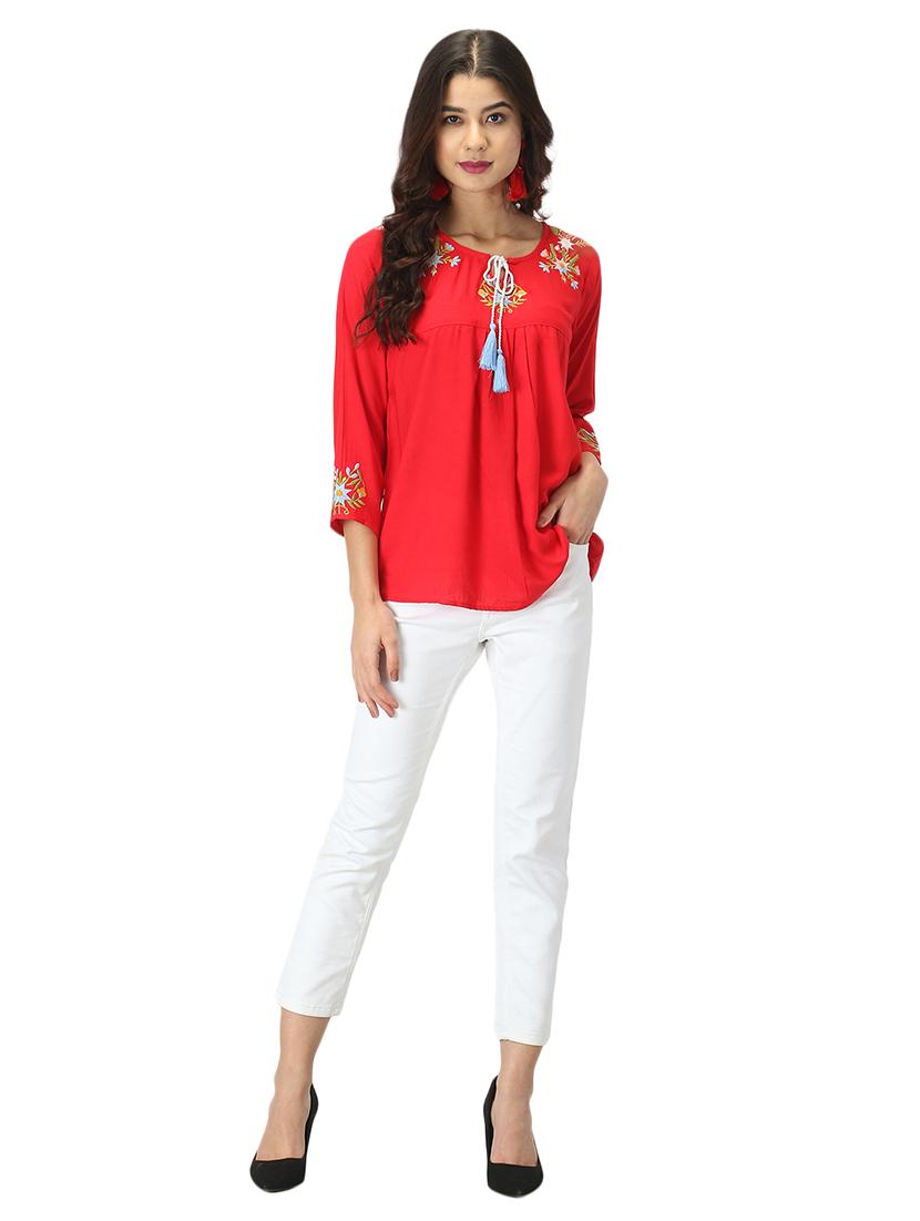 tie up neck floral embroidered top - 17582171 - Standard Image - 4