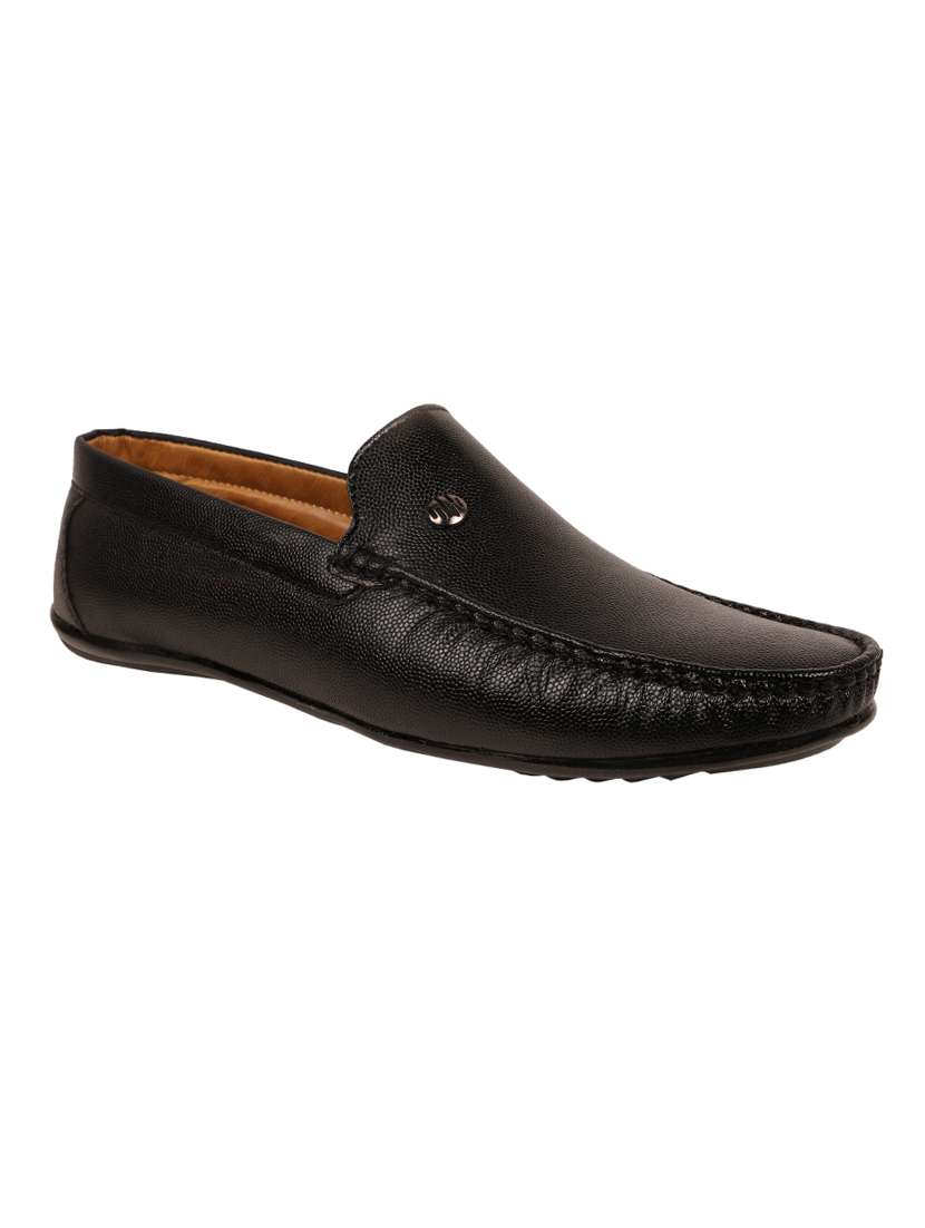 black synthetic slip on loafers