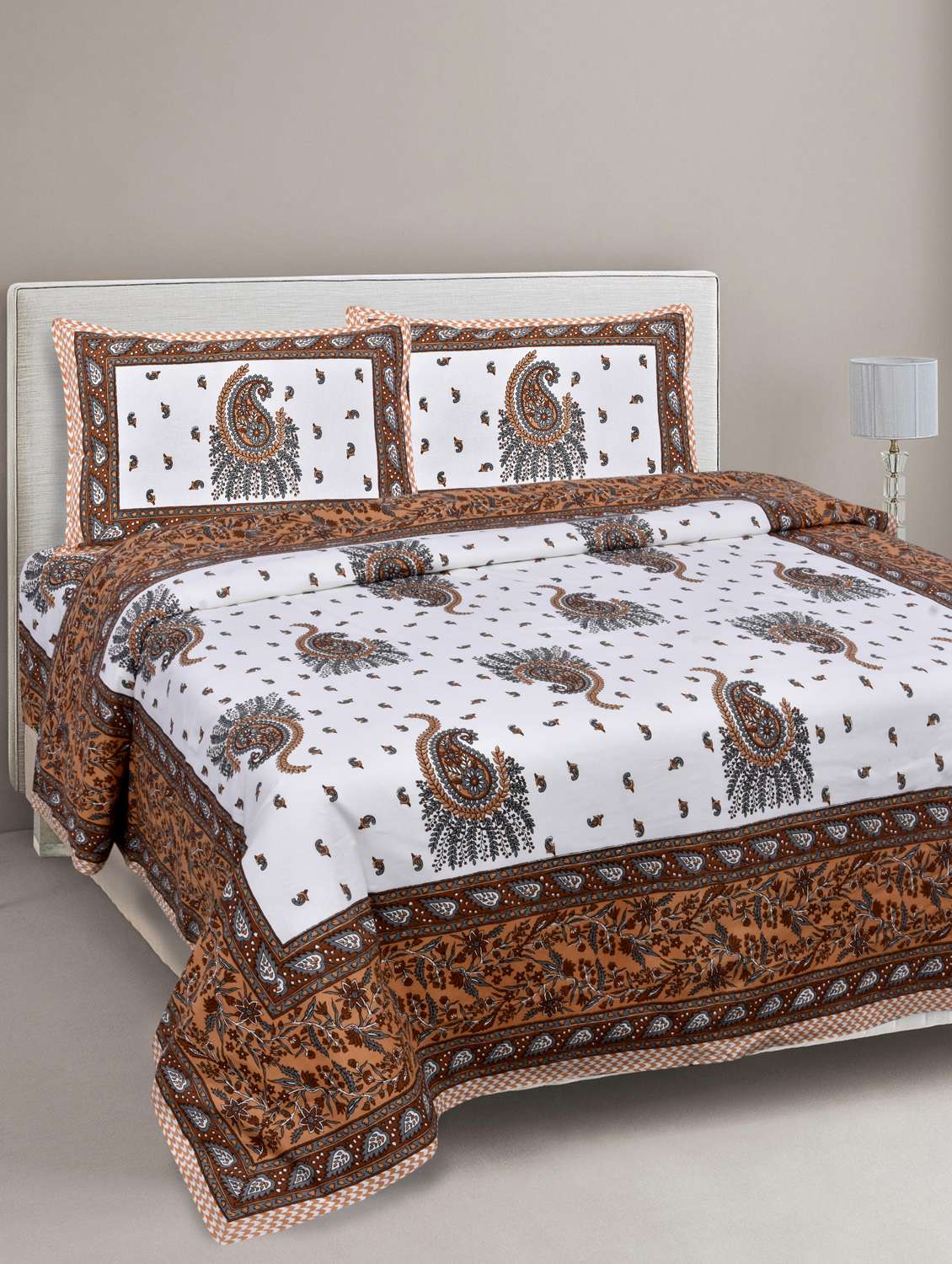 jaipurfabric cotton jaipuri double bedsheet with 2 pillow cover stone orange king size/90x 108-inch