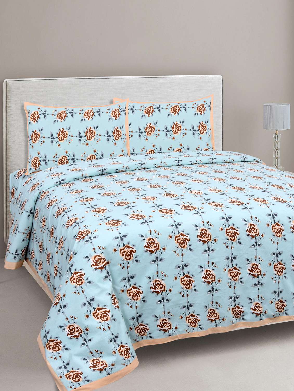 jaipurfabric jaipuri print cotton bedsheet with two pillow covers king size 210 tc peach garland double bedsheet