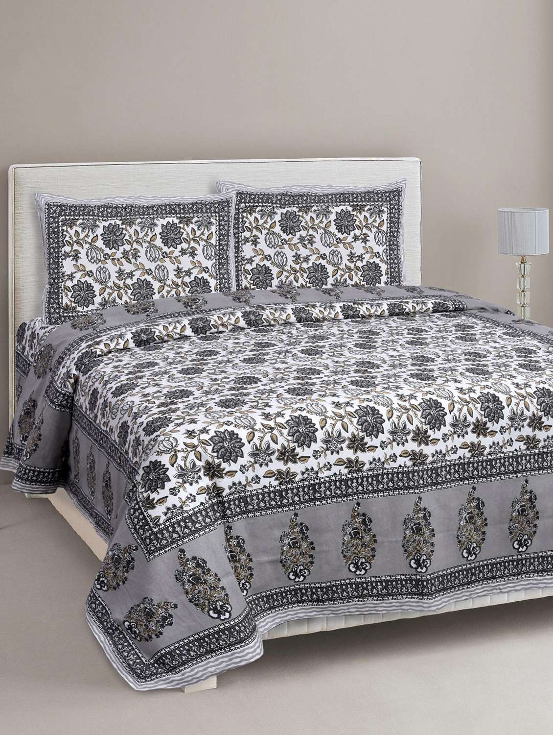 jaipurfabric cotton jaipuri double bedsheet with 2 pillow cover stone grey floral carnival set king size/90x 108-inch