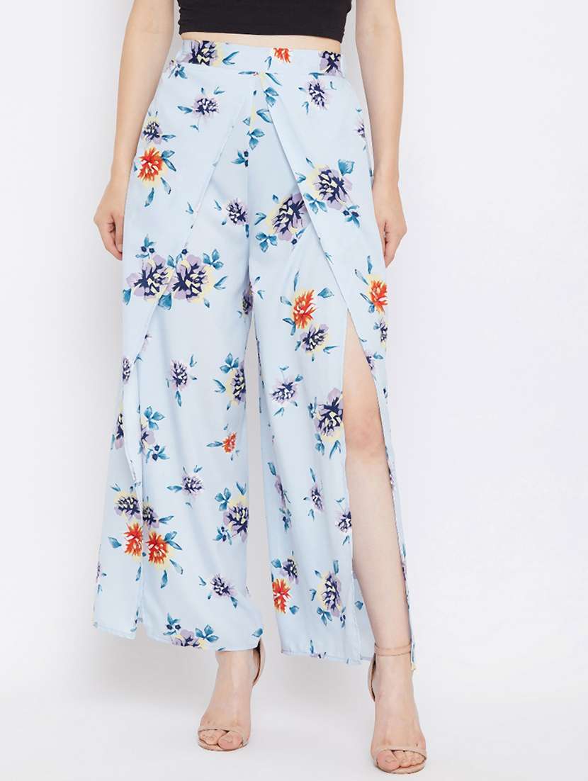 printed flat front wide leg overlap trouser