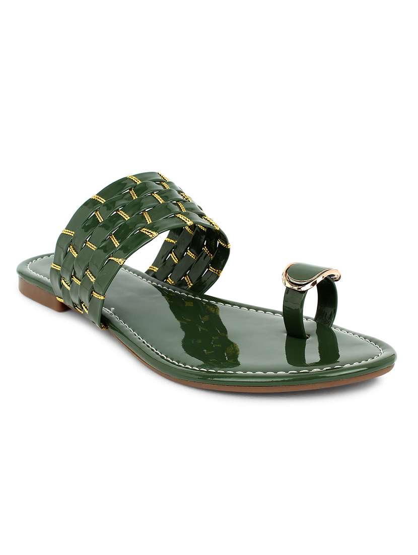 green synthetic slip on kolhapuris