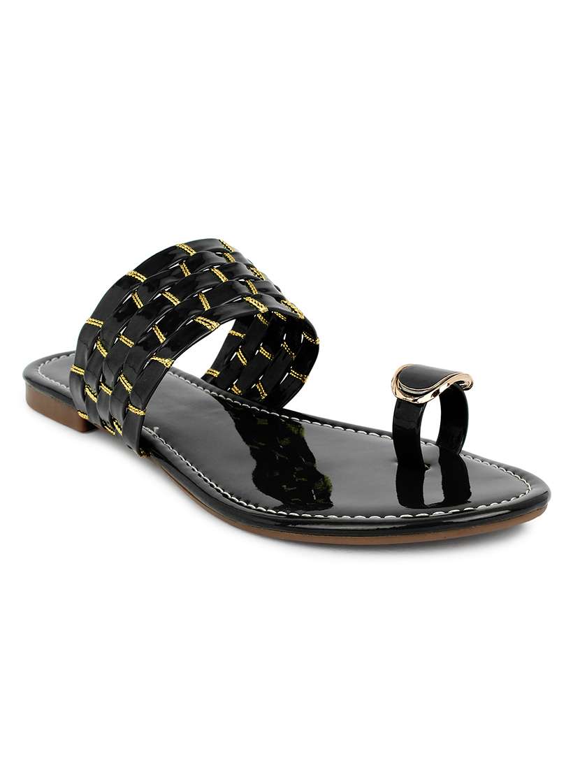 black synthetic slip on kolhapuris