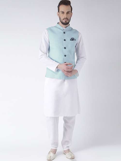 white kurta pyjama set with blue solid nehru jacket - 17585686 -  Standard Image - 0