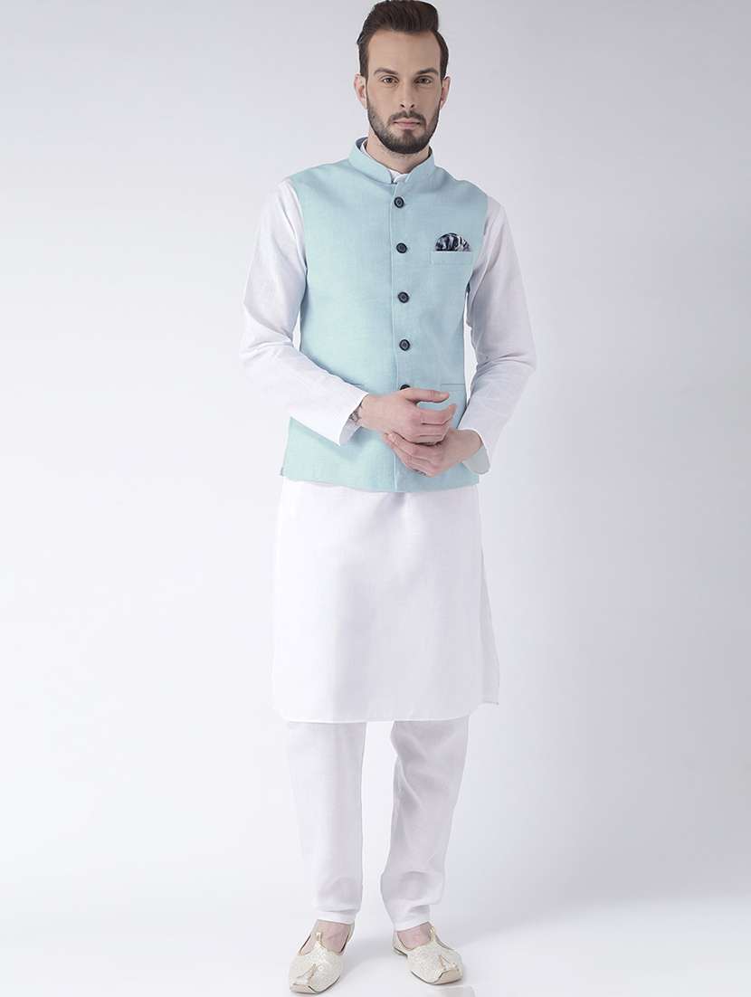 white kurta pyjama set with blue solid nehru jacket