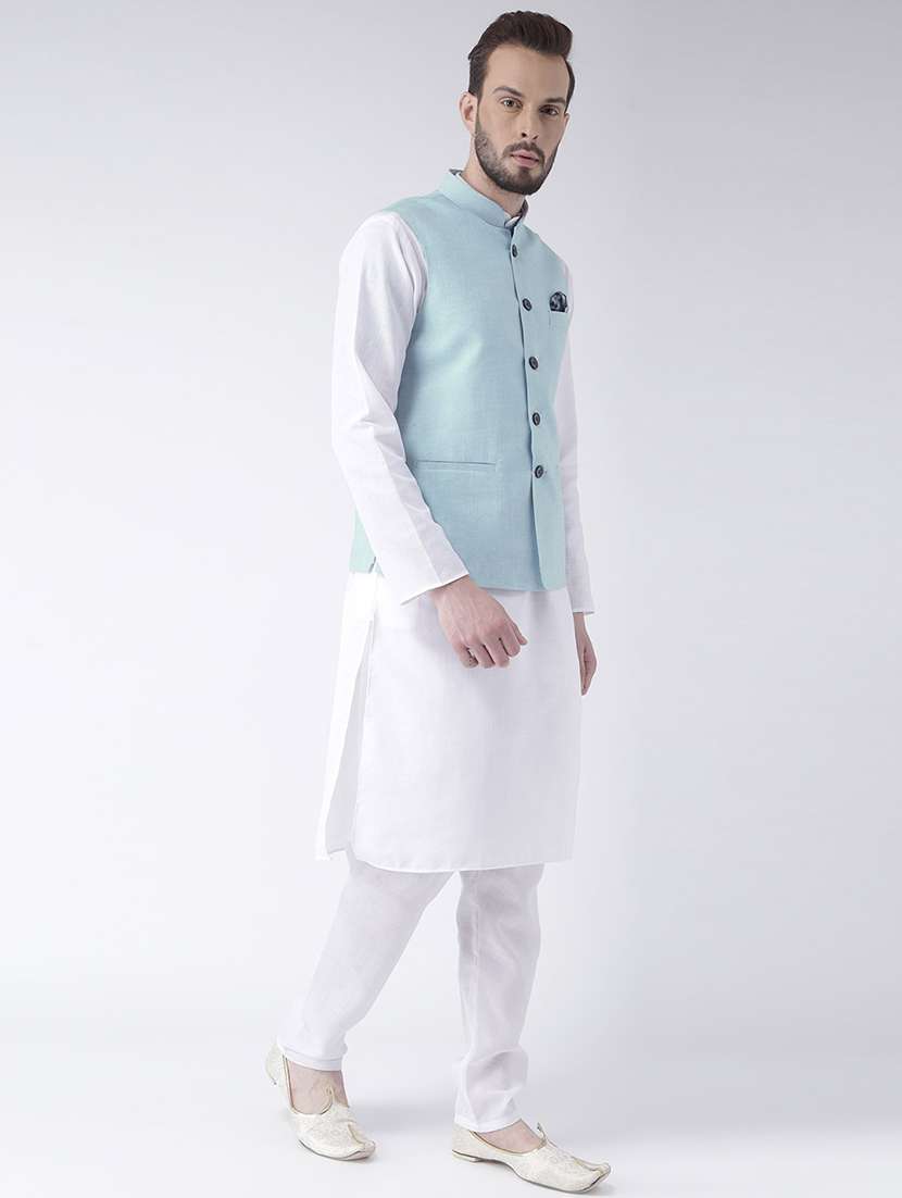 white kurta pyjama set with blue solid nehru jacket - 17585686 - Standard Image - 1