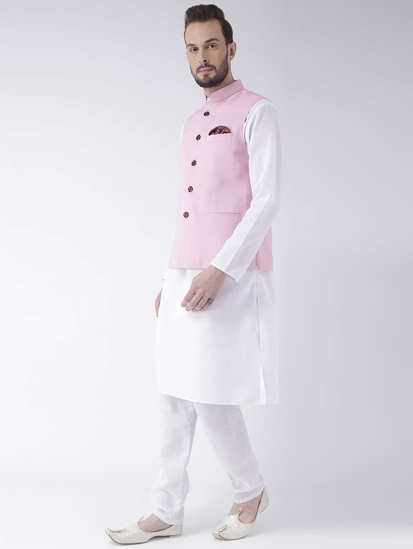 white kurta pyjama set with pink solid nehru jacket - 17585687 - Standard Image - 1