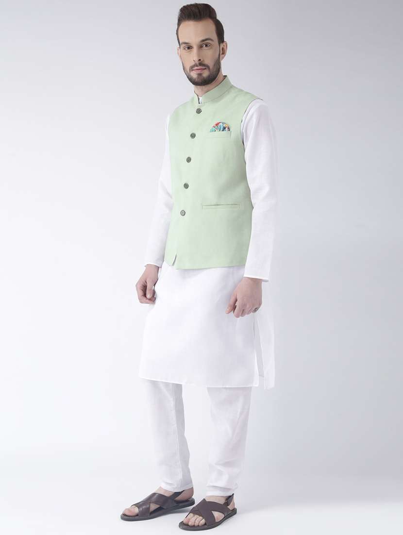 white kurta pyjama set with green solid nehru jacket - 17585690 -  Standard Image - 1