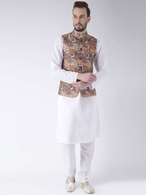 white kurta pyjama set with printed nehru jacket - 17585699 - Standard Image - 0