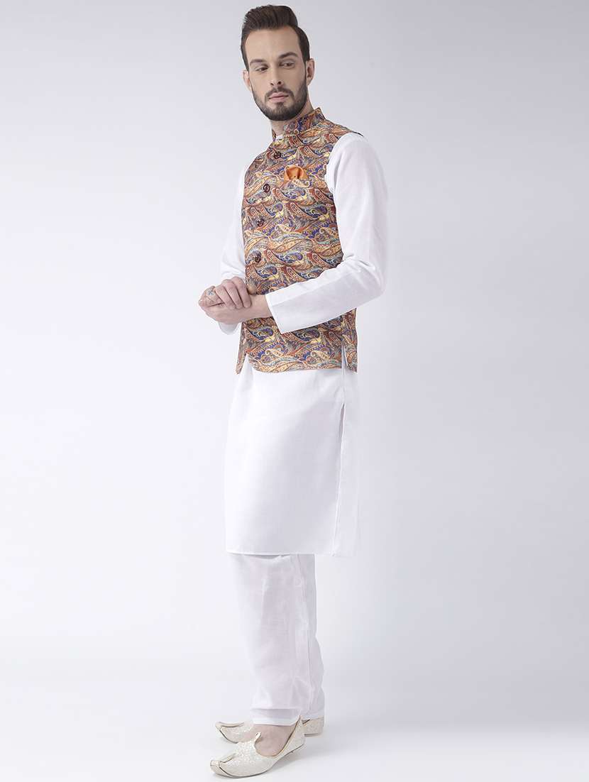 white kurta pyjama set with printed nehru jacket - 17585699 - Standard Image - 1