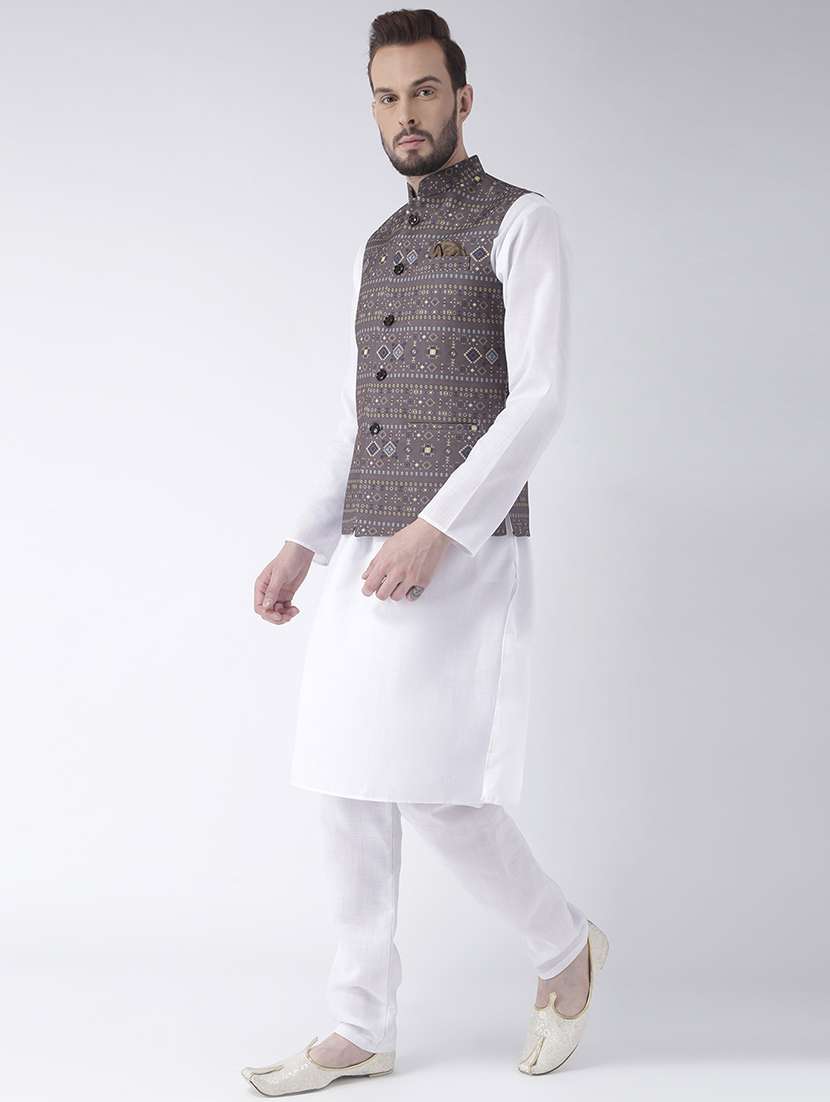 white kurta pyjama set with printed nehru jacket - 17585701 - Standard Image - 1