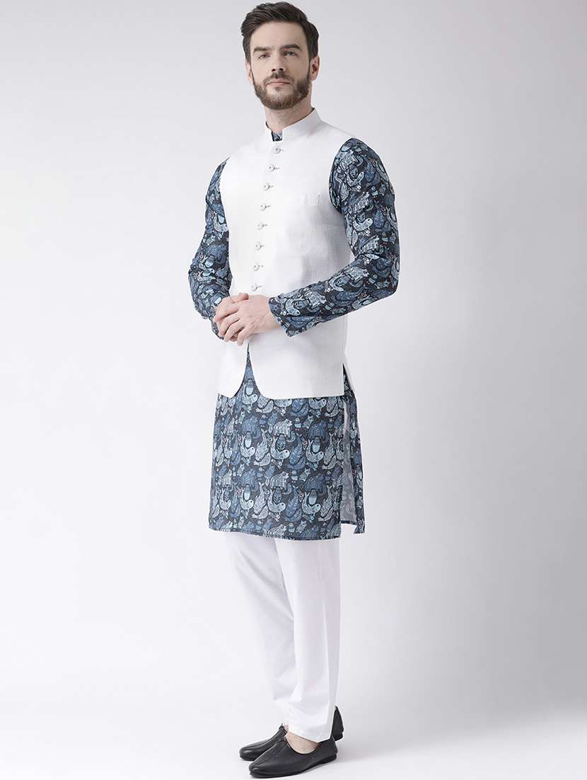 blue printed kurta pyjama set with white solid nehru jacket - 17585704 -  Standard Image - 1