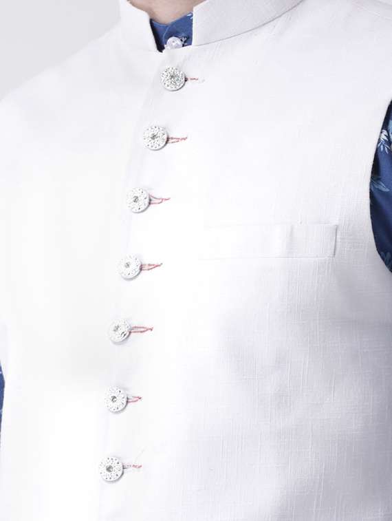 blue printed kurta pyjama set with white solid nehru jacket - 17585705 -  Standard Image - 4