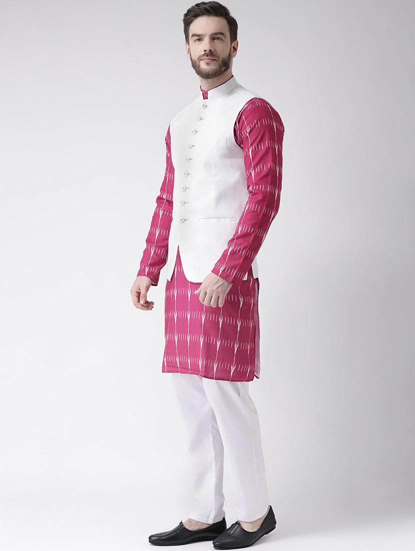 pink printed kurta pyjama set with white solid nehru jacket - 17585713 -  Standard Image - 1