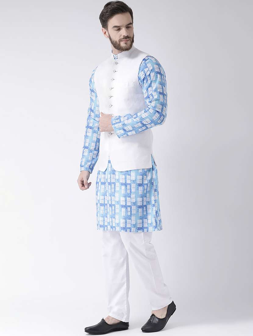 blue printed kurta pyjama set with white solid nehru jacket - 17585719 -  Standard Image - 1