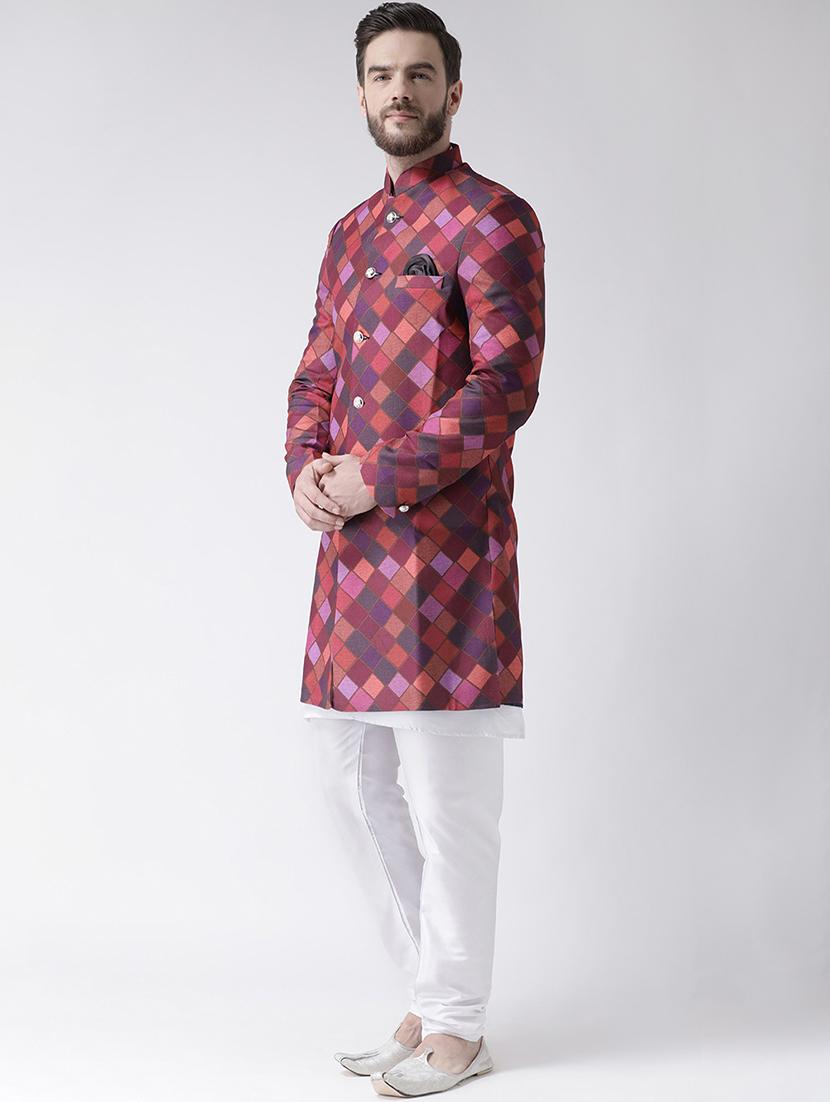 maroon checkered sherwani set - 17585737 - Standard Image - 1