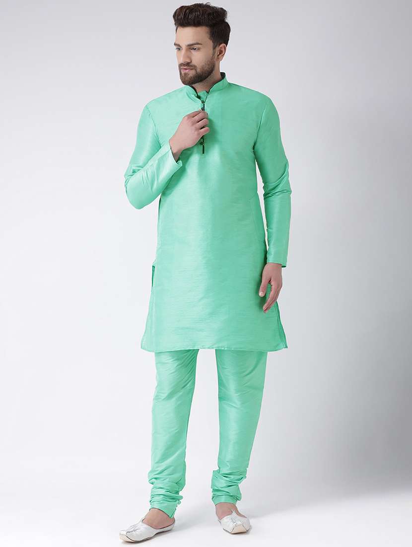green silk blend solid kurta pyjama set