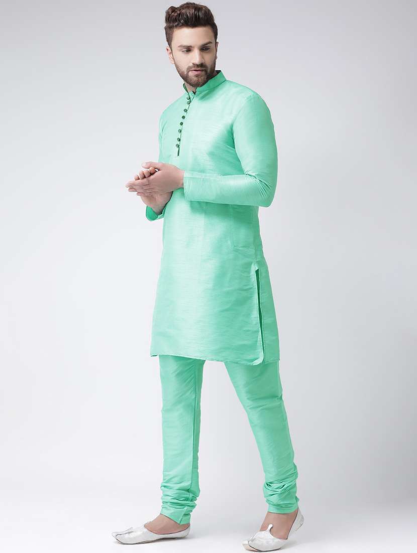 green silk blend solid kurta pyjama set - 17585782 -  Standard Image - 1