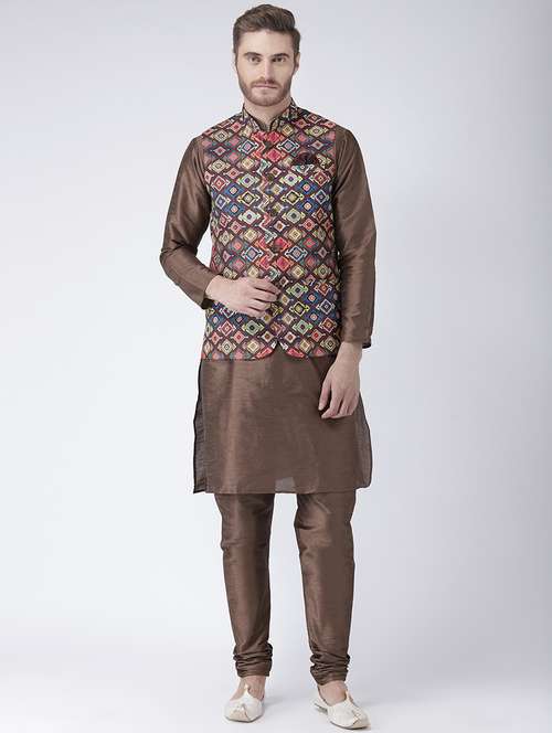 brown solid kurta pyjama set with printed nehru jacket - 17585928 - Standard Image - 0