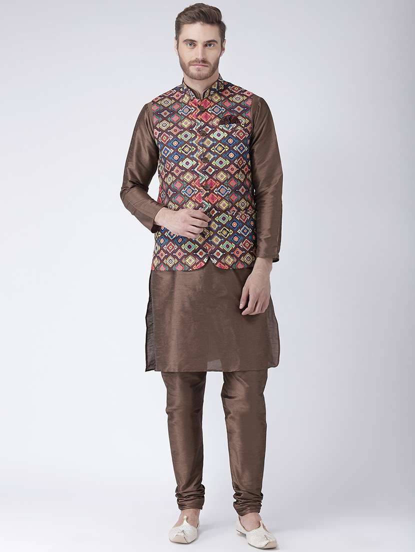 brown solid kurta pyjama set with printed nehru jacket - 17585928 - Zoom Image - 0