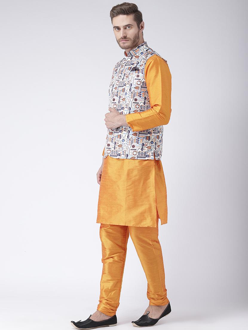 yellow solid kurta pyjama set with printed nehru jacket - 17585931 - Standard Image - 1