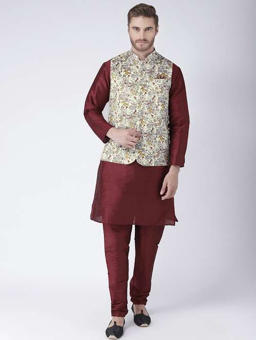 maroon solid kurta pyjama set with yellow printed nehru jacket - 17585934 -  Standard Image - 0