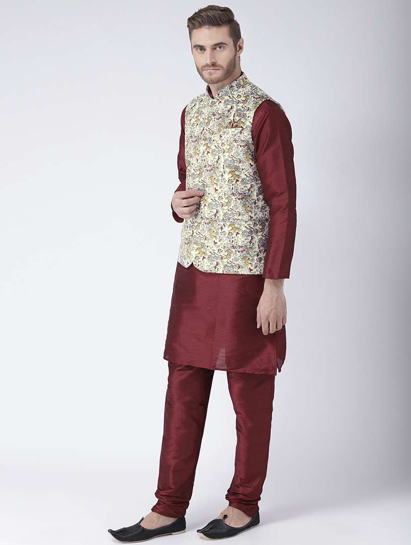 maroon solid kurta pyjama set with yellow printed nehru jacket - 17585934 -  Standard Image - 1