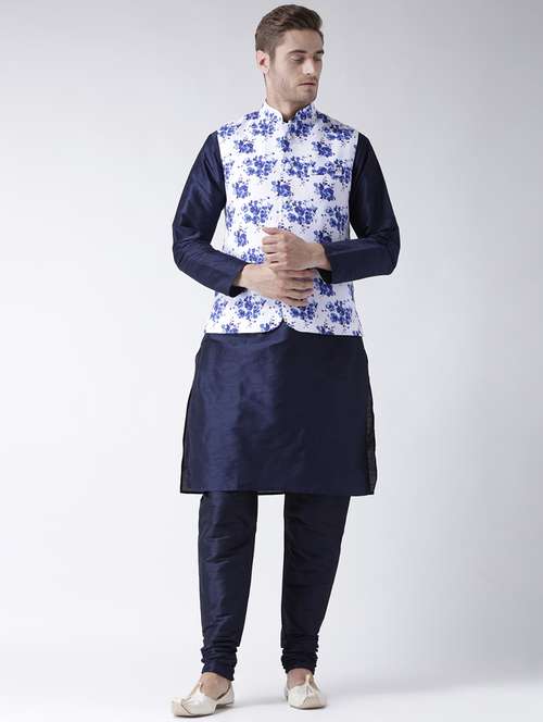 navy blue solid kurta pyjama set with printed nehru jacket - 17585948 - Standard Image - 0