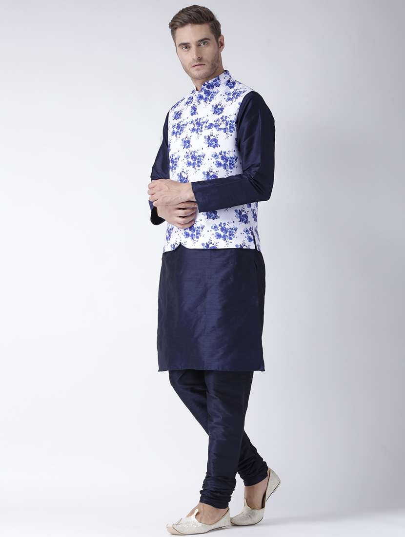 navy blue solid kurta pyjama set with printed nehru jacket - 17585948 - Standard Image - 1