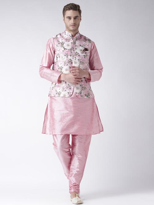 pink solid kurta pyjama set with printed nehru jacket - 17585951 - Standard Image - 0