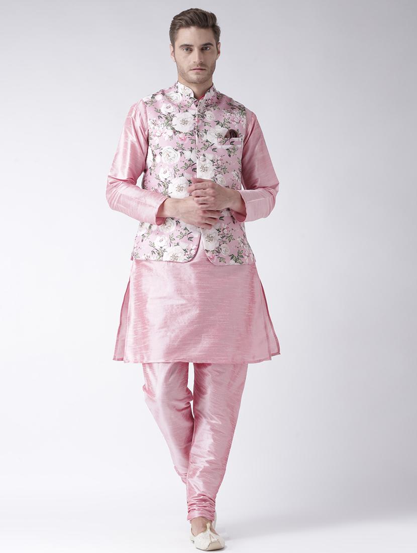 pink solid kurta pyjama set with printed nehru jacket - 17585951 - Zoom Image - 0