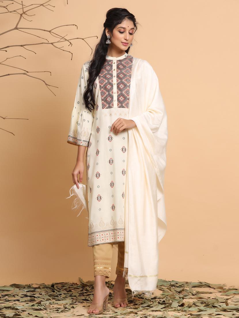 cream printed straight kurta