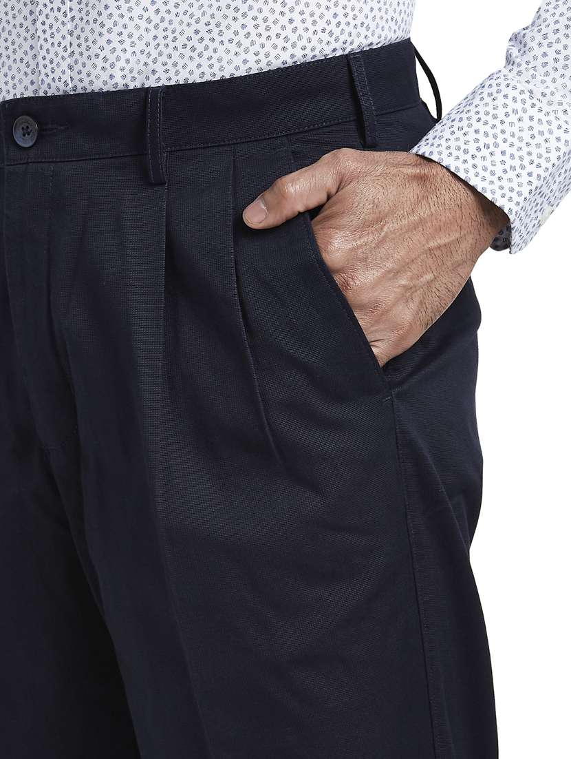 navy blue solid pleated casual trouser - 17592269 - Standard Image - 4