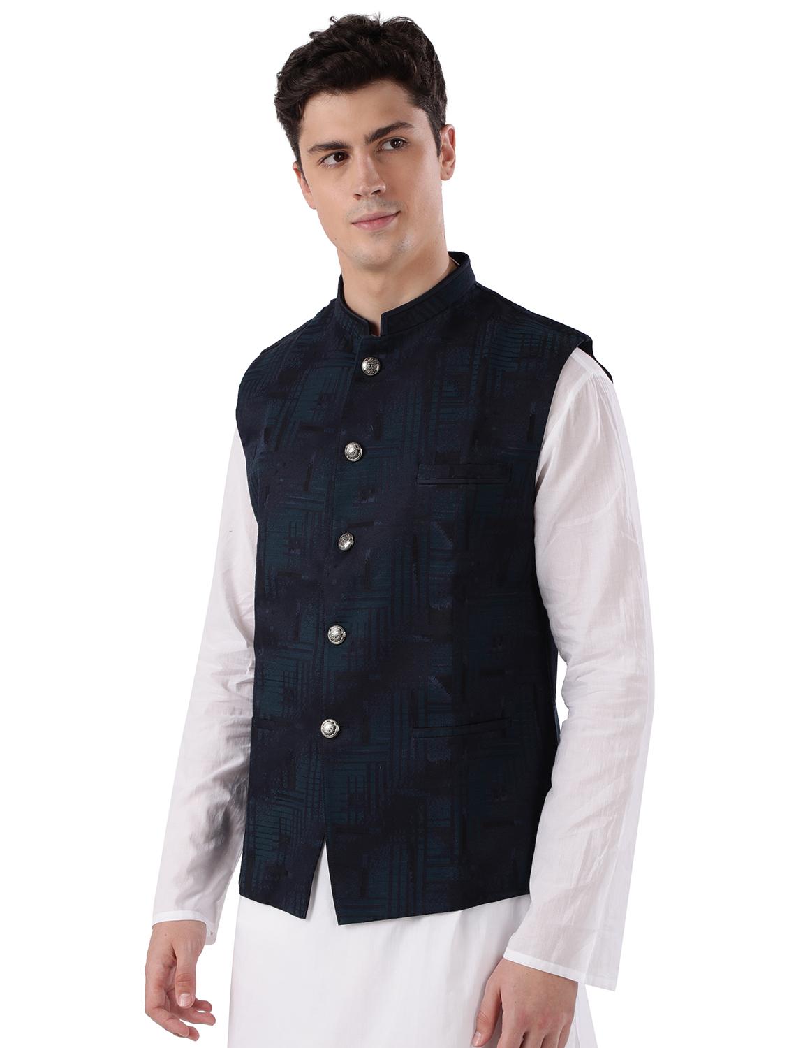 navy blue self design nehru jacket - 17592333 - Standard Image - 1