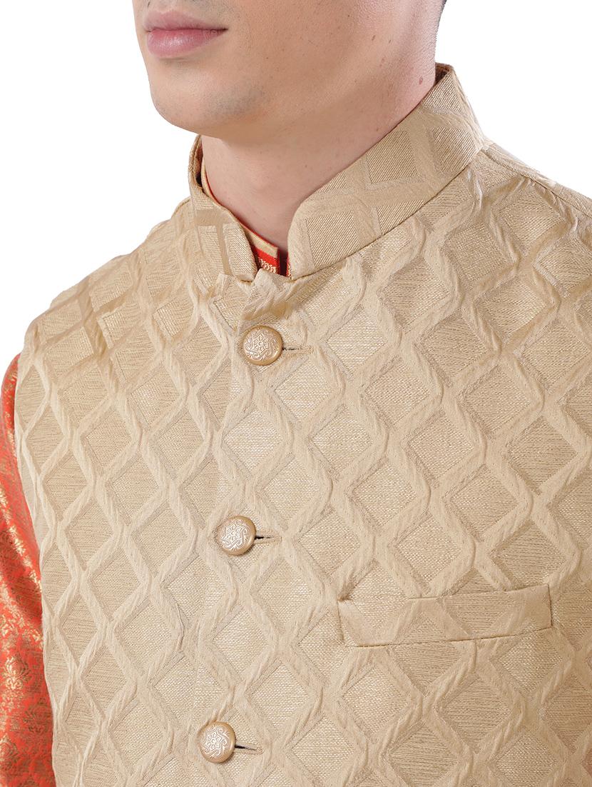 beige jacuard nehru jacket - 17592348 - Standard Image - 4