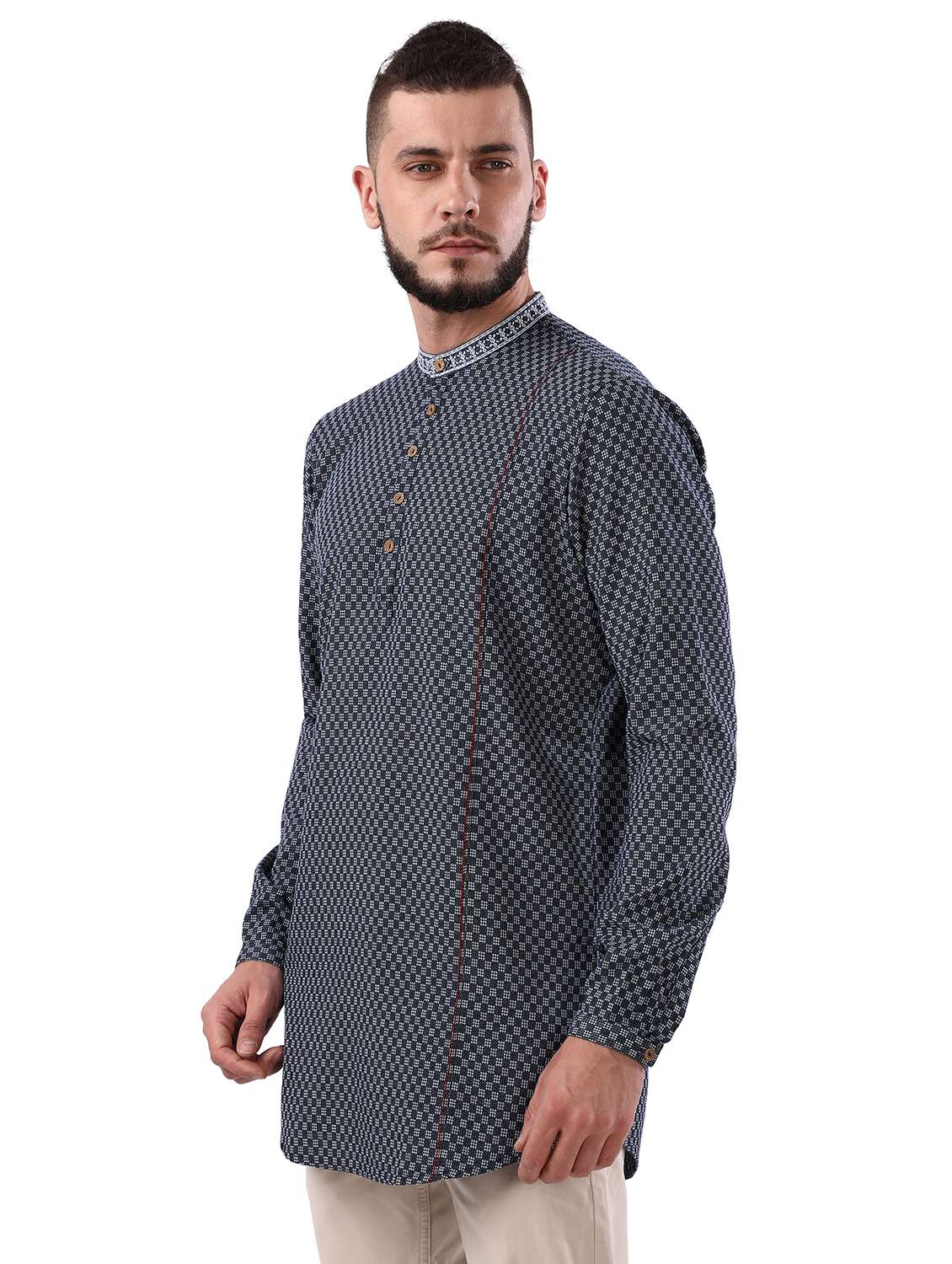 navy blue jacquard short kurta - 17592385 -  Standard Image - 1