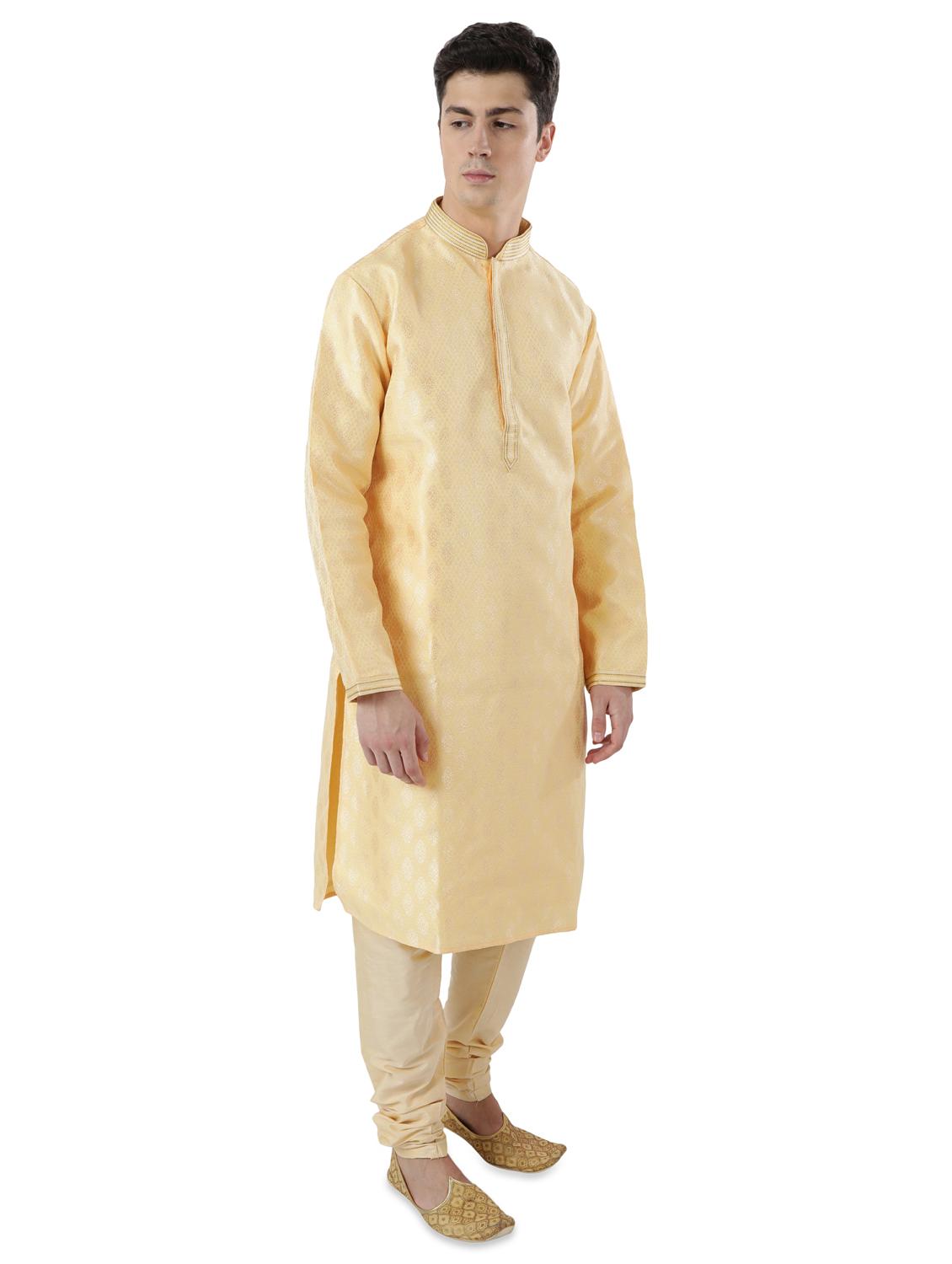 cream jacquard long kurta with embroidered neckline - 17592435 - Standard Image - 1