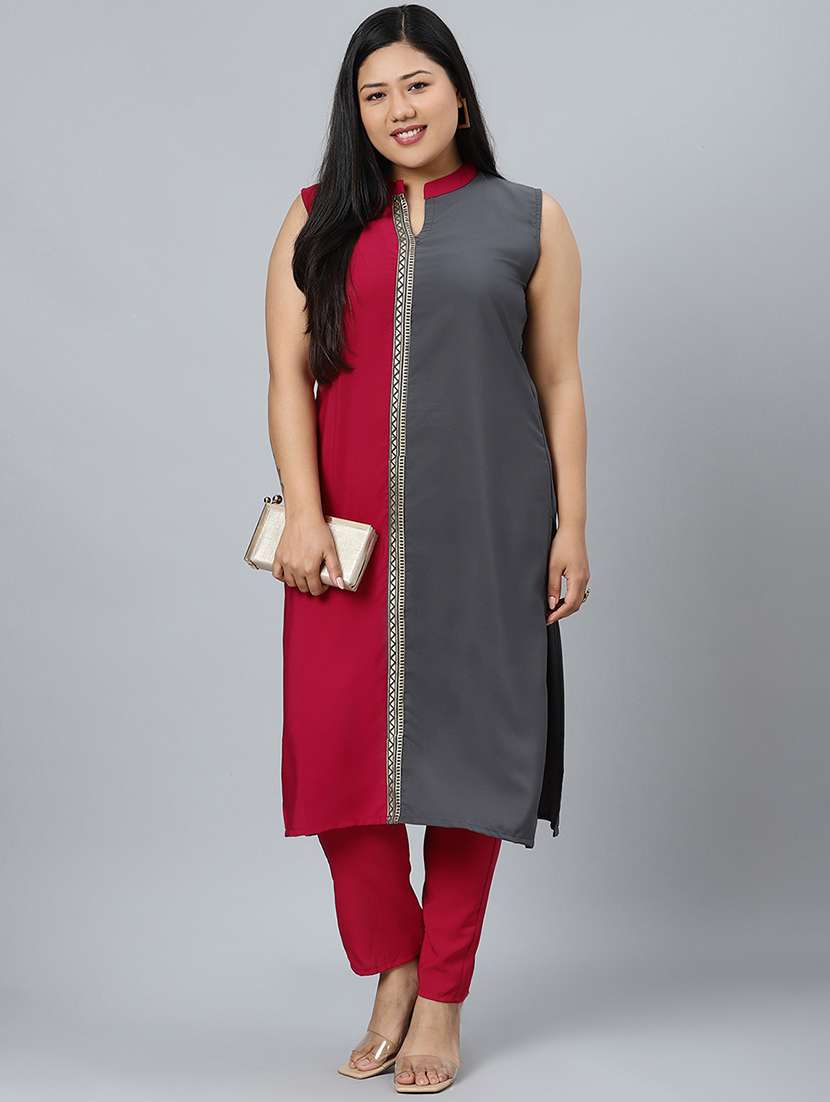 women magenta color block kurta pant set - 17594635 - Standard Image - 1