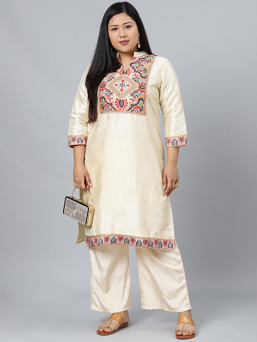 cream art silk kurta palazzo  set - 17594657 -  Standard Image - 1