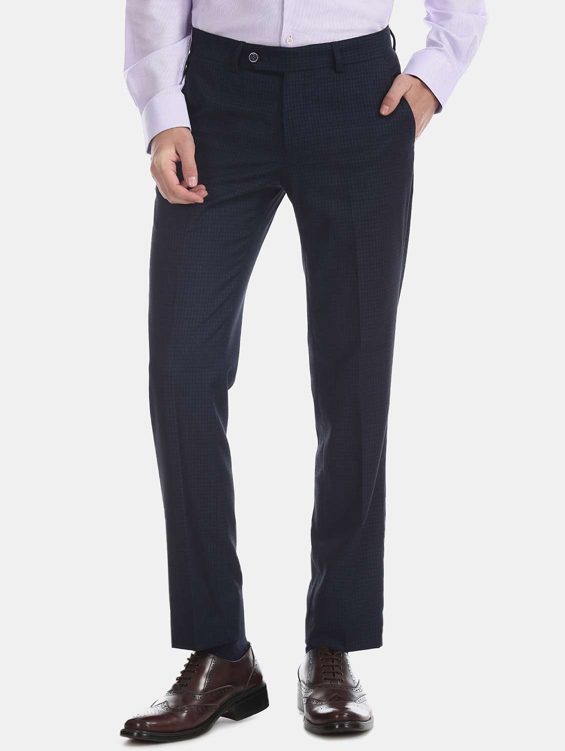 navy blue checkered flat front formal trouser