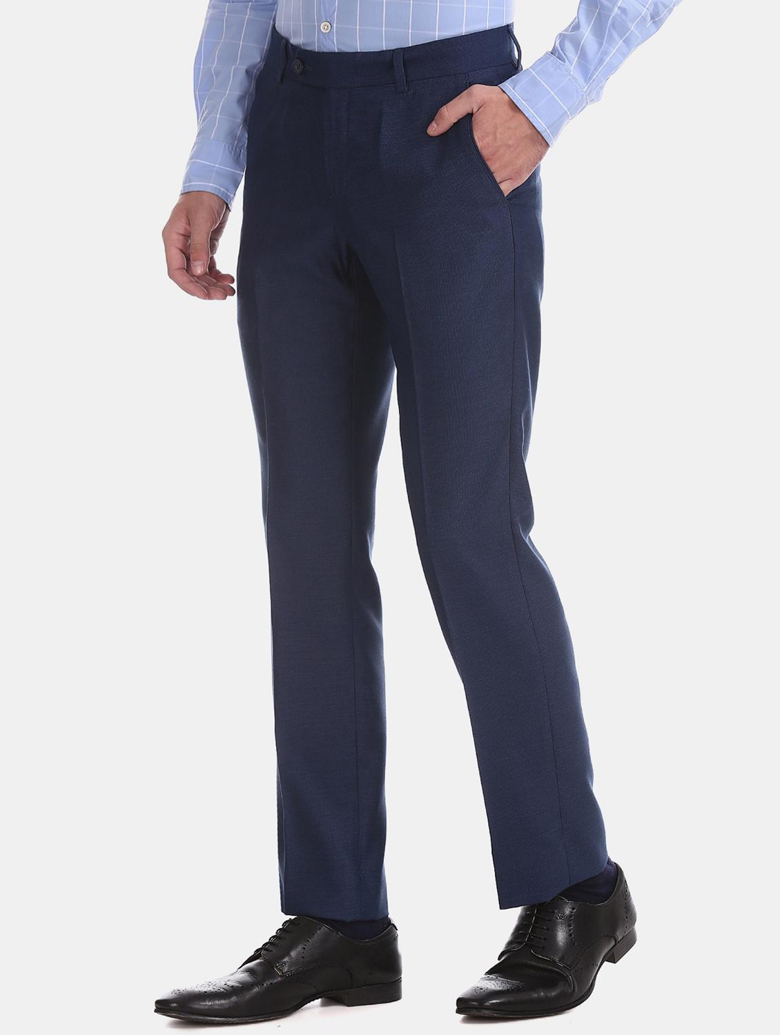 navy blue textured flat front formal trouser - 17597766 - Standard Image - 1