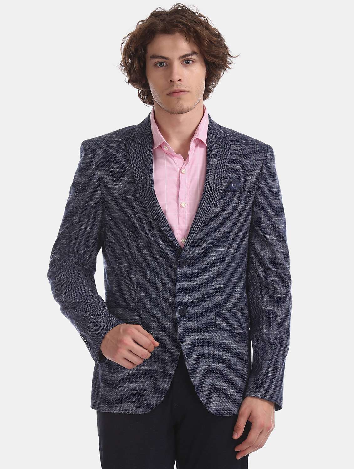 navy blue self design single breasted formal blazer