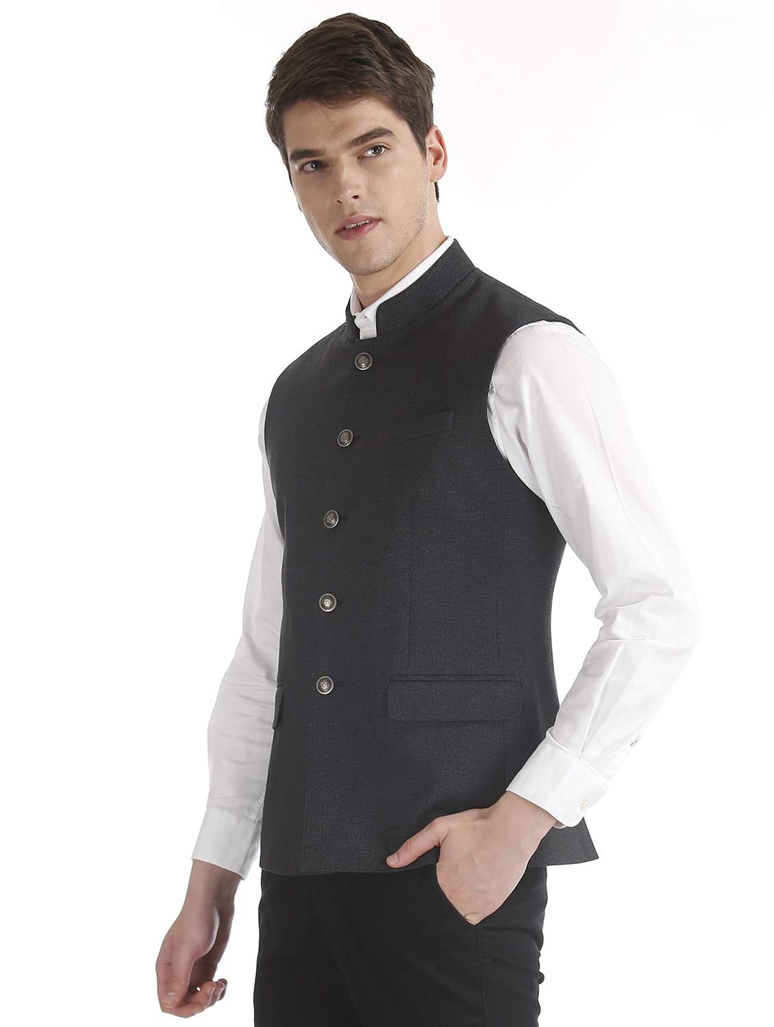 grey solid nehru jacket - 17597870 -  Standard Image - 1
