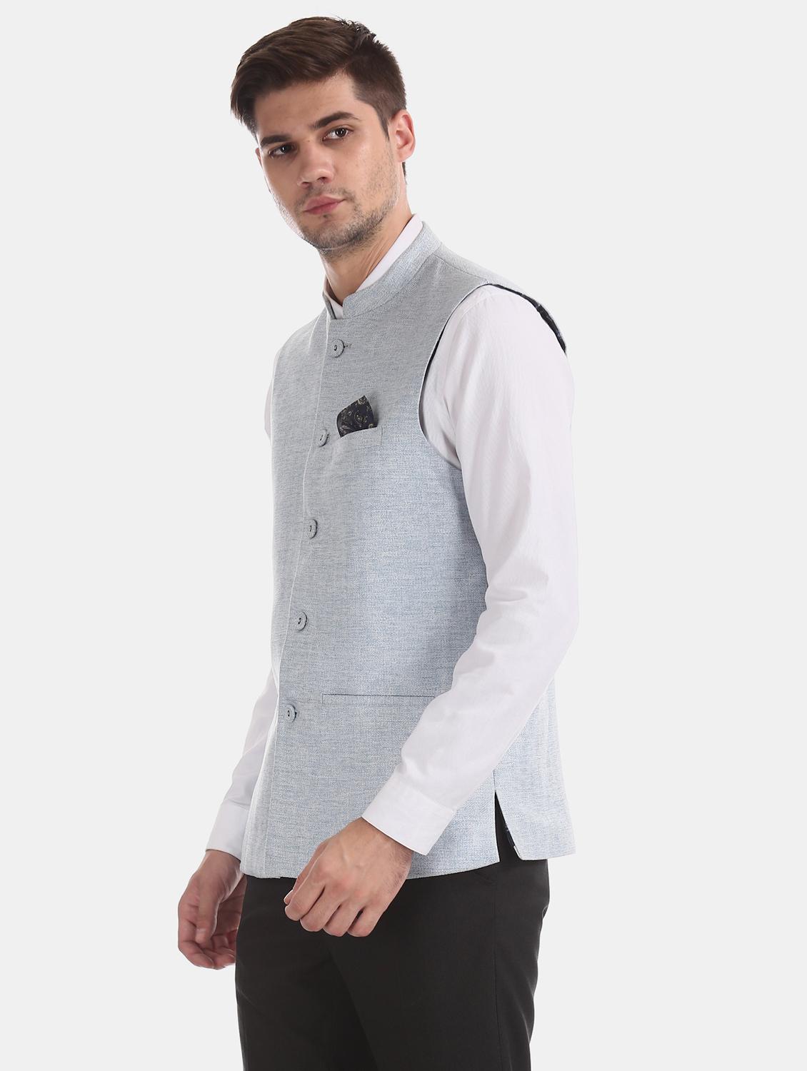 light blue solid nehru jacket - 17597873 - Standard Image - 1