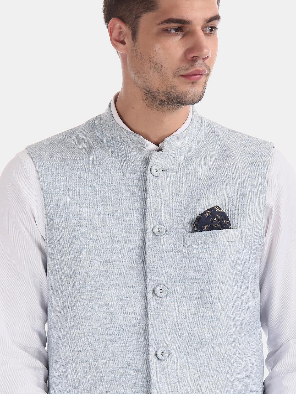 light blue solid nehru jacket - 17597873 - Standard Image - 4