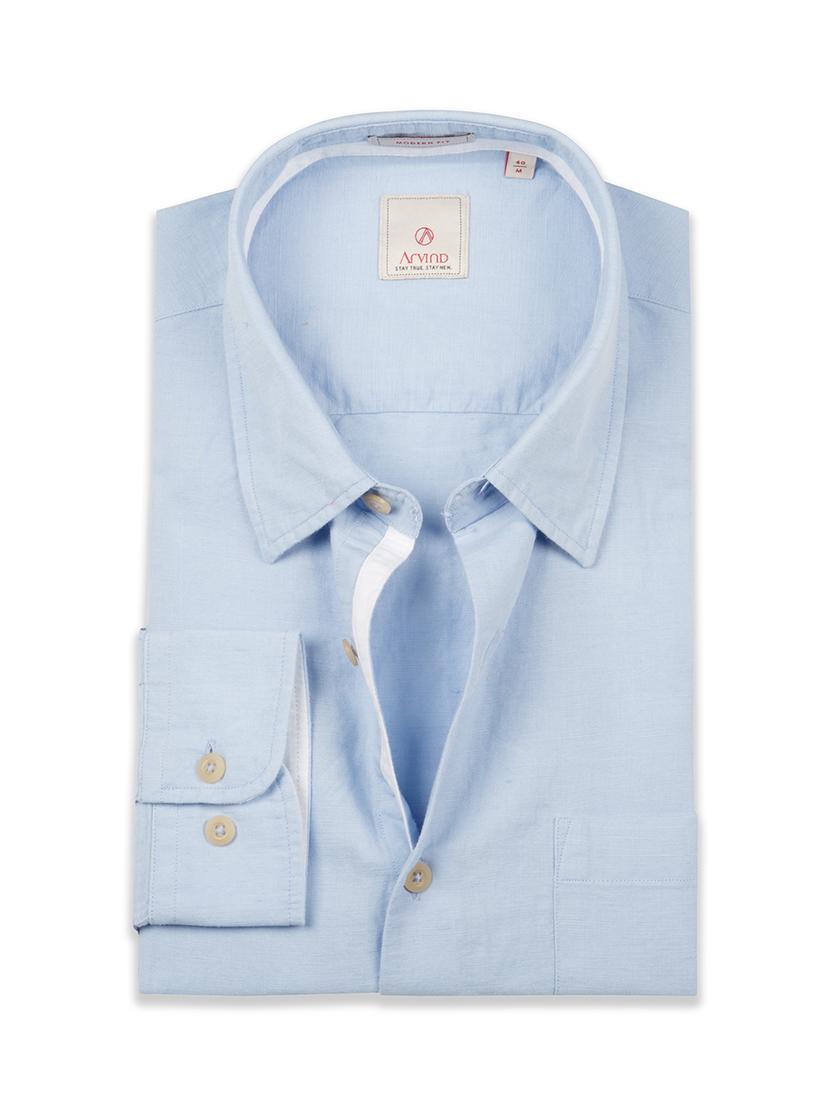 light blue solid linen casual shirt - 17598025 - Standard Image - 4