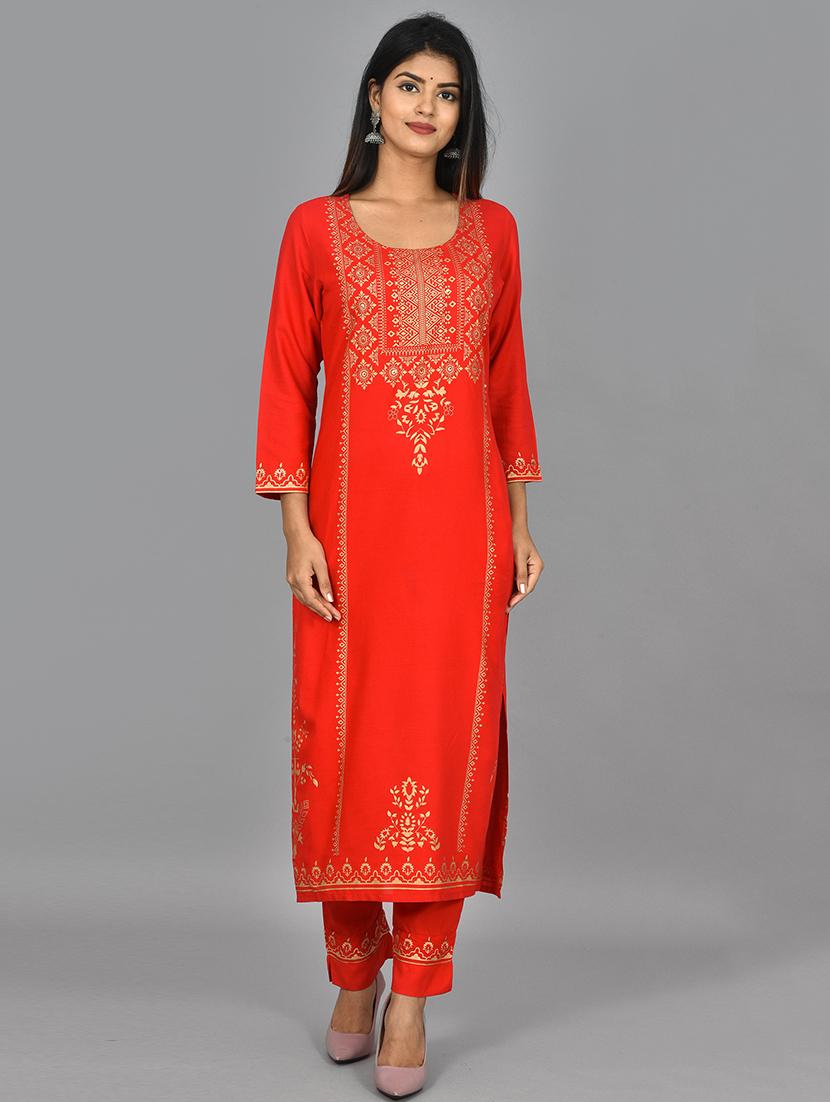 red rayon kurta pant set - 17602173 - Standard Image - 1