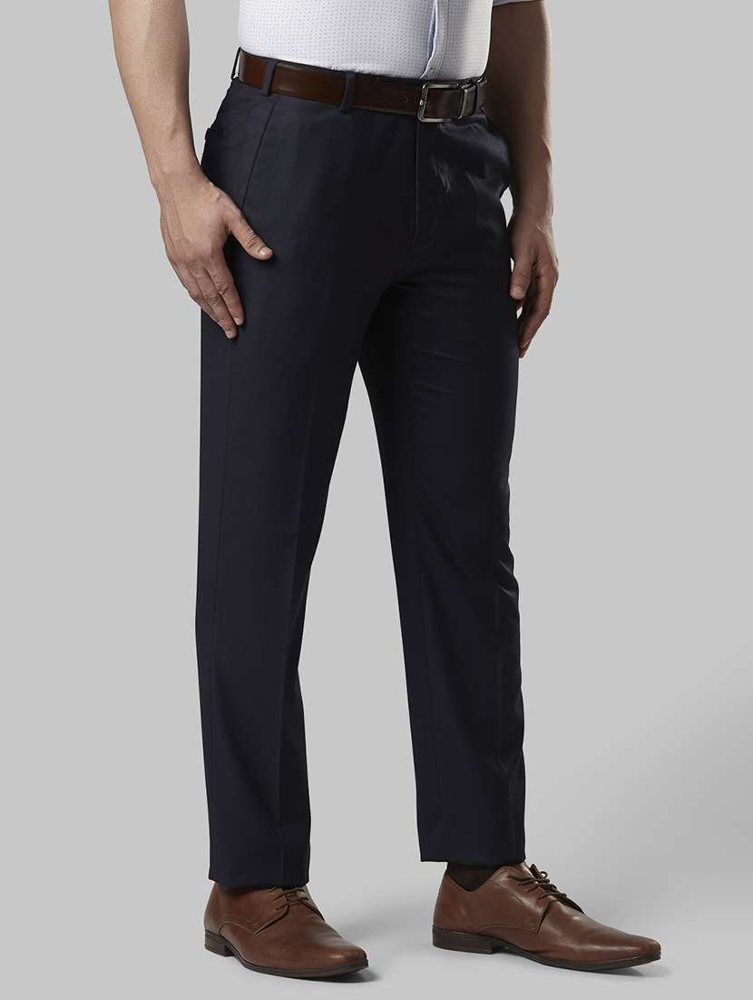 navy blue textured flat front formal trouser - 17604955 -  Standard Image - 1